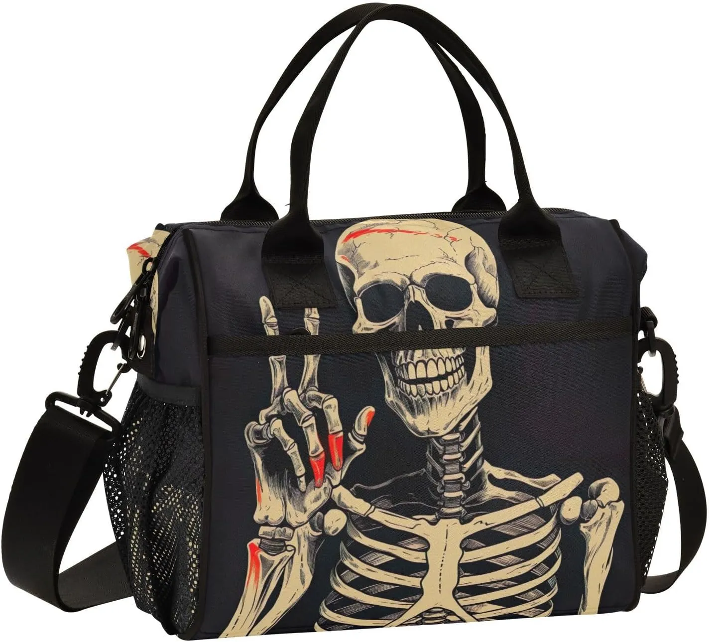 Victory Pose Skull Lunch Bag Reusable Insulated Lunch Box Cooler Tote Removable Shoulder Strap Meal Picnic Bags for Outdoor Travel Office Work Small