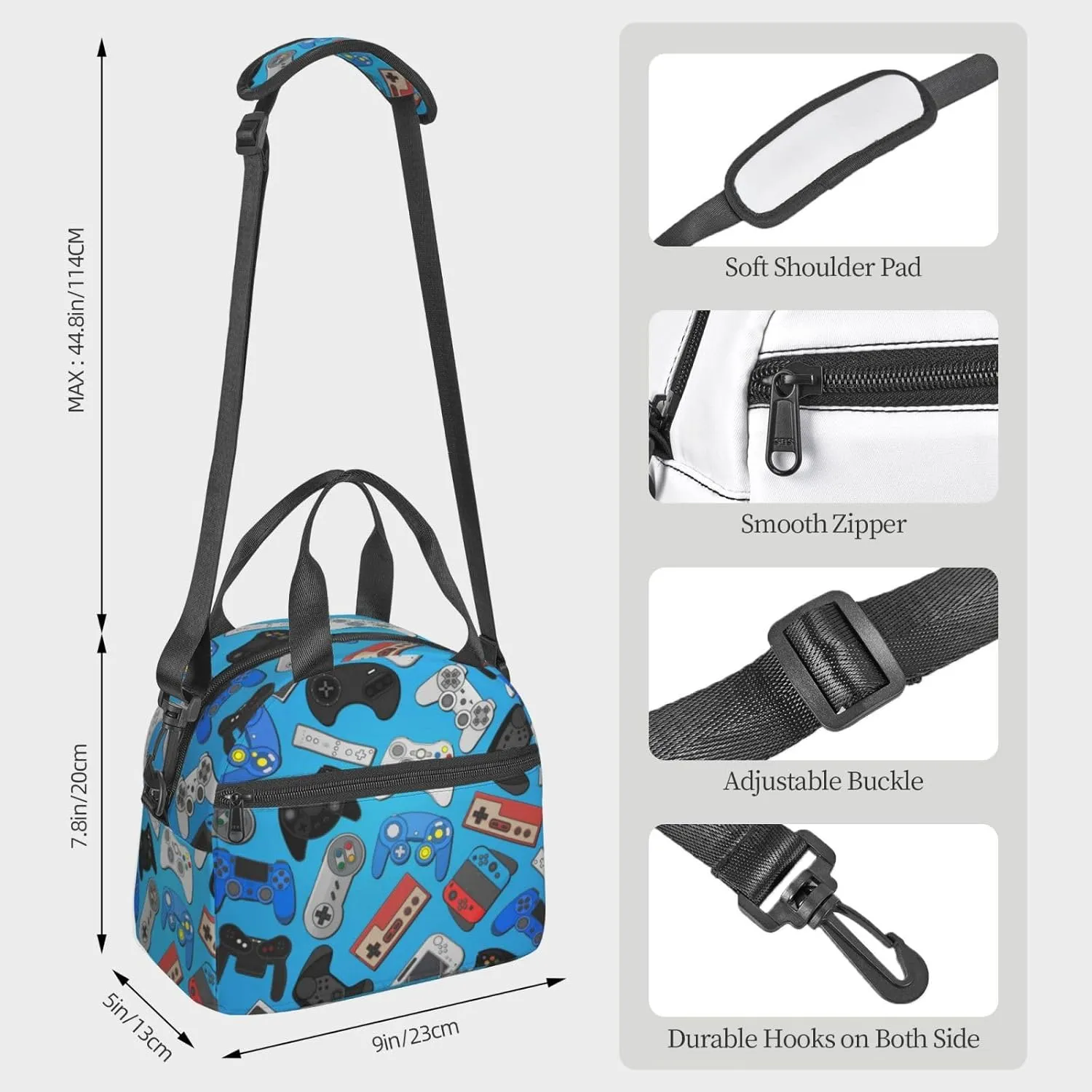 Video Game Lunch Bag with Adjustable Shoulder Strap for Women Men Reusable Lunch Box Leakproof Tote Bags Insulated Cooler for Work Travel Outdoor(9 x 5 x 7.8 Inches)