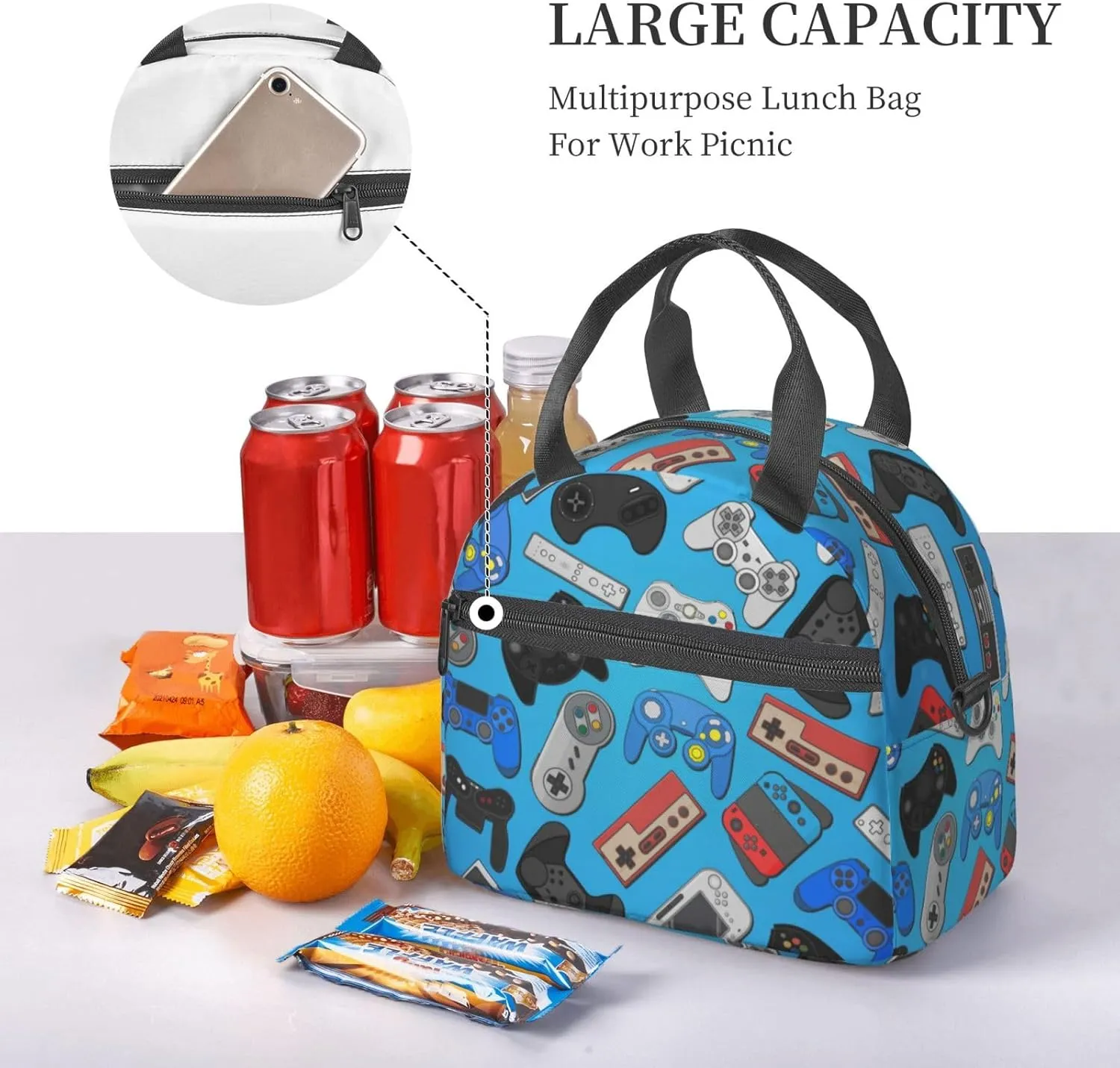 Video Game Lunch Bag with Adjustable Shoulder Strap for Women Men Reusable Lunch Box Leakproof Tote Bags Insulated Cooler for Work Travel Outdoor(9 x 5 x 7.8 Inches)