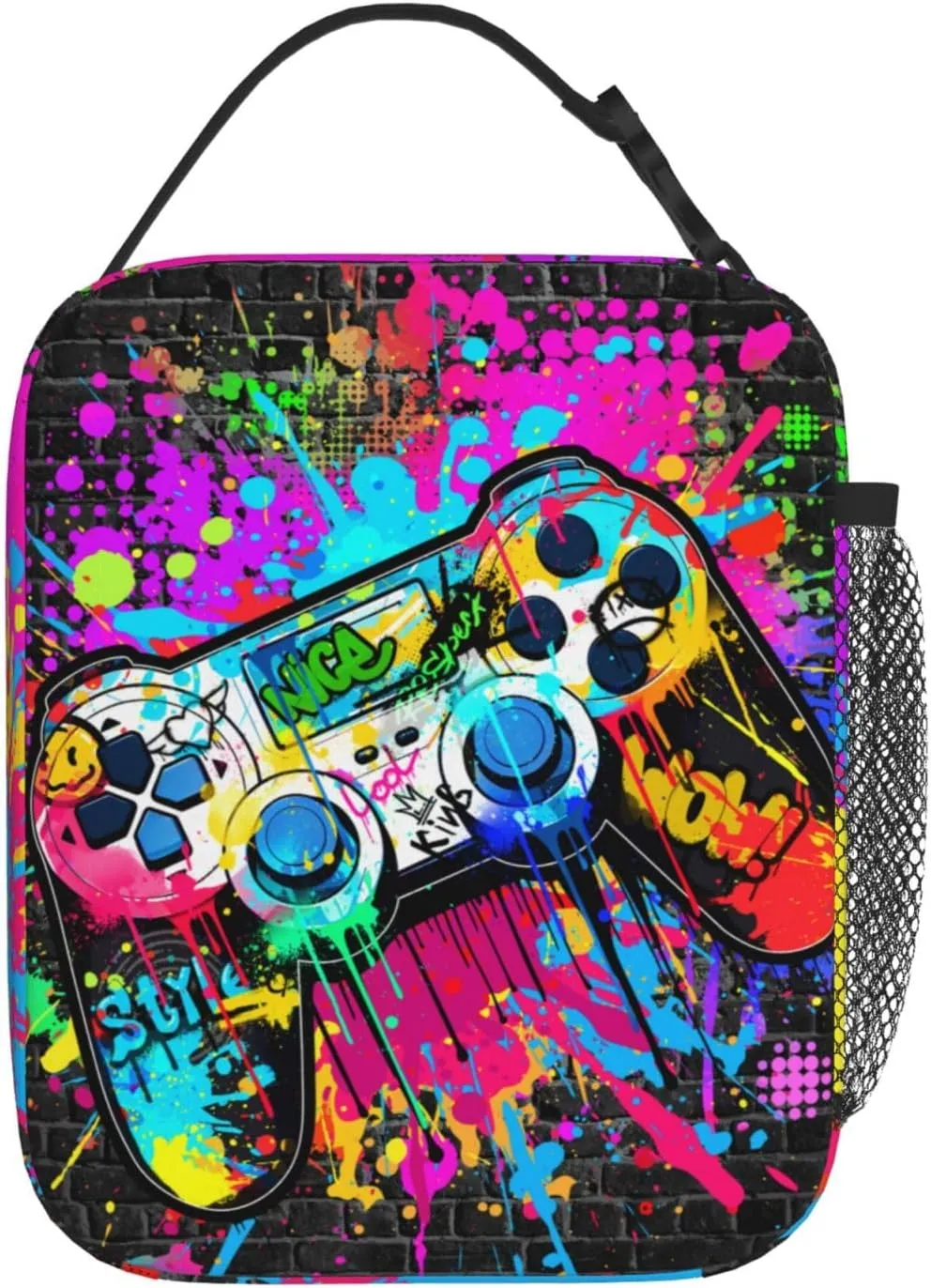 Video Game Lunch Box for Boys Girls Insulated Graffiti Gamepad Lunch Bag Reusable Cool Game Lunchbox Gaming Lunch Tote Bag With Adjustable Shoulder Strap For Kids Teens Women Men Work School
