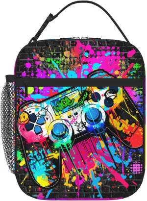 Video Game Lunch Box for Boys Girls Insulated Graffiti Gamepad Lunch Bag Reusable Cool Game Lunchbox Gaming Lunch Tote Bag With Adjustable Shoulder Strap For Kids Teens Women Men Work School