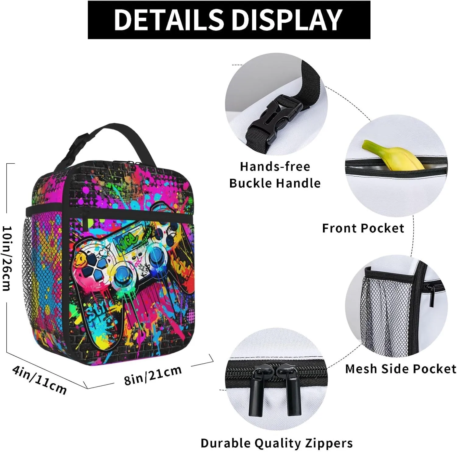 Video Game Lunch Box for Boys Girls Insulated Graffiti Gamepad Lunch Bag Reusable Cool Game Lunchbox Gaming Lunch Tote Bag With Adjustable Shoulder Strap For Kids Teens Women Men Work School
