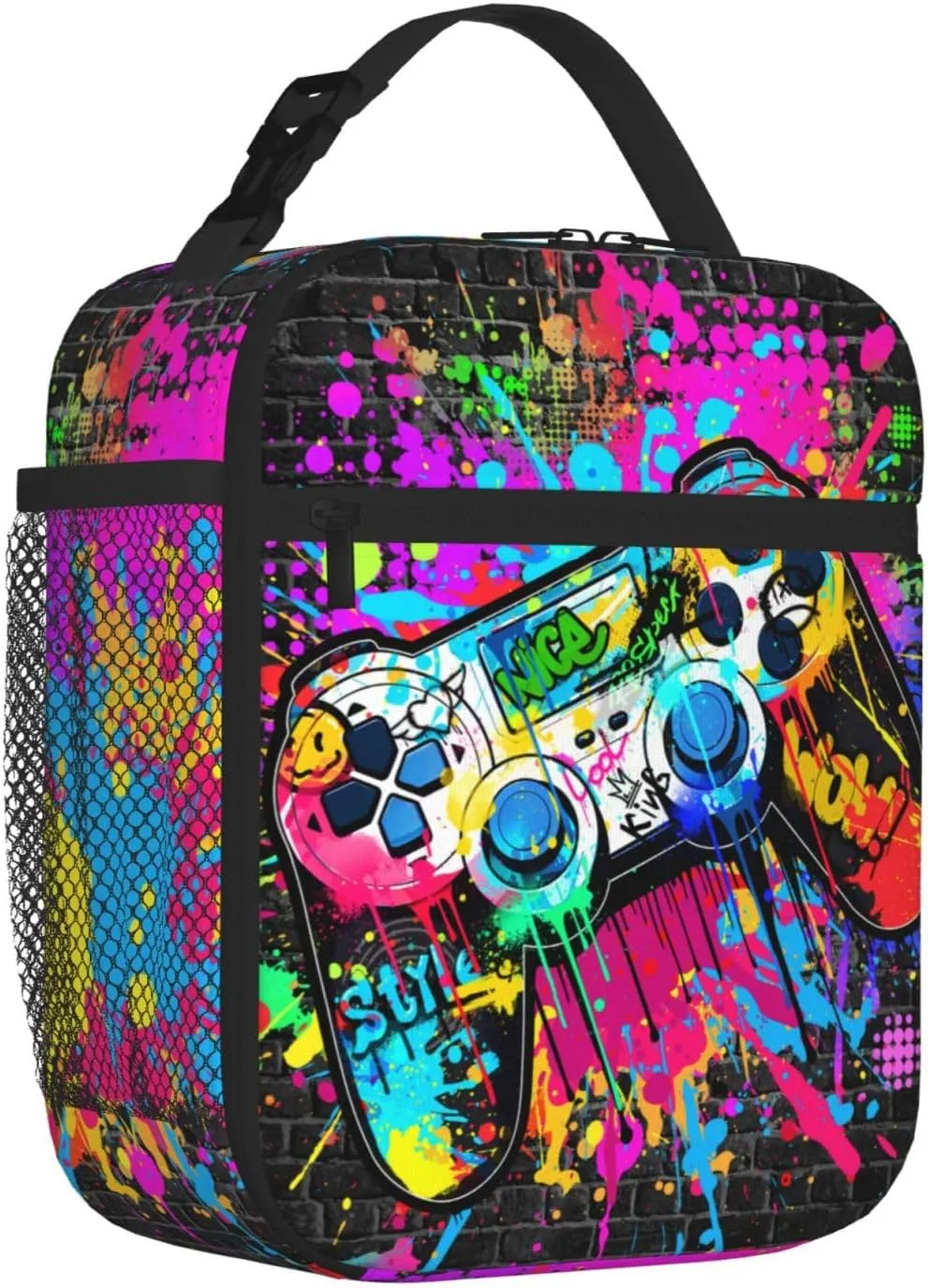Video Game Lunch Box for Boys Girls Insulated Graffiti Gamepad Lunch Bag Reusable Cool Game Lunchbox Gaming Lunch Tote Bag With Adjustable Shoulder Strap For Kids Teens Women Men Work School