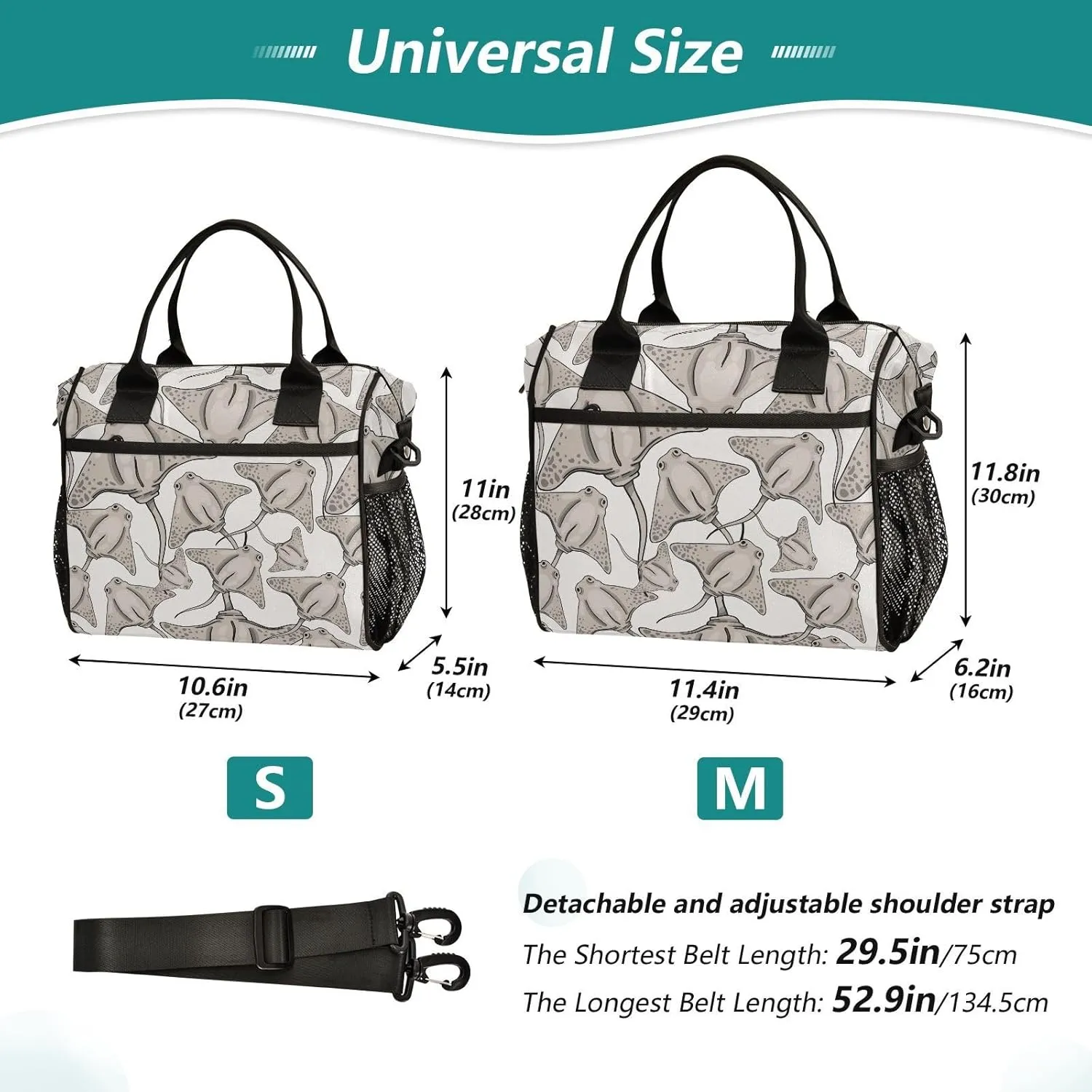 VIGTRO Fish Stingray Gray Pattern Insulated Lunch Bag Leakproof Lunch Box for Women Men Reusable Lunch Tote Bag with Adjustable Shoulder Strap for Office Picnic Travel Size M