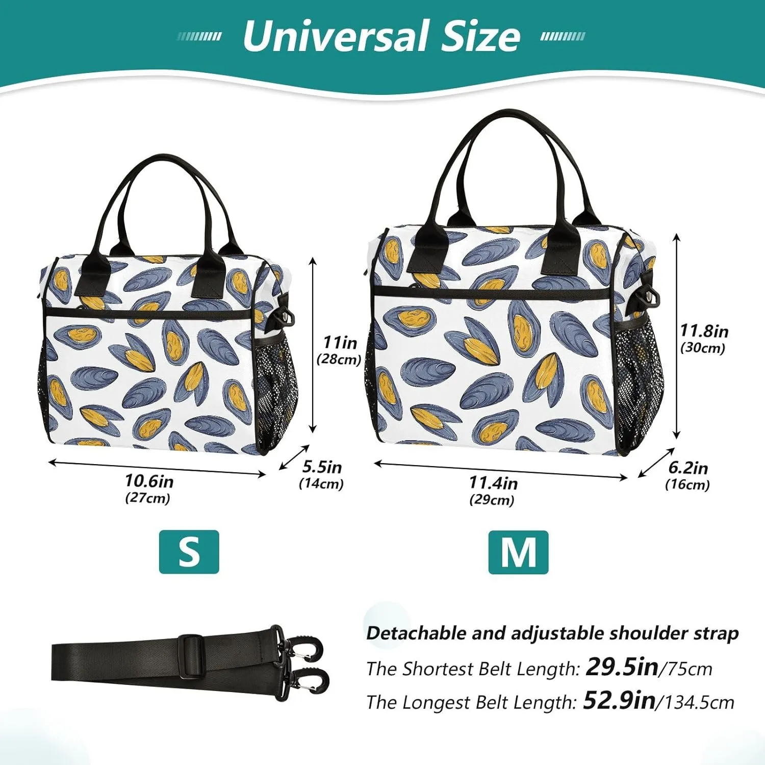 VIGTRO Seafood Mussels Pattern Insulated Lunch Bag Leakproof Lunch Box for Women Men Reusable Lunch Tote Bag with Adjustable Shoulder Strap for Office Picnic Travel Size M