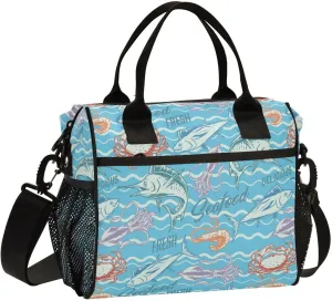 VIGTRO Tuna Fish Squid Shrimp Seafood Insulated Lunch Bag Leakproof Lunch Box for Women Men Reusable Lunch Tote Bag with Adjustable Shoulder Strap for Office Picnic Travel Size M