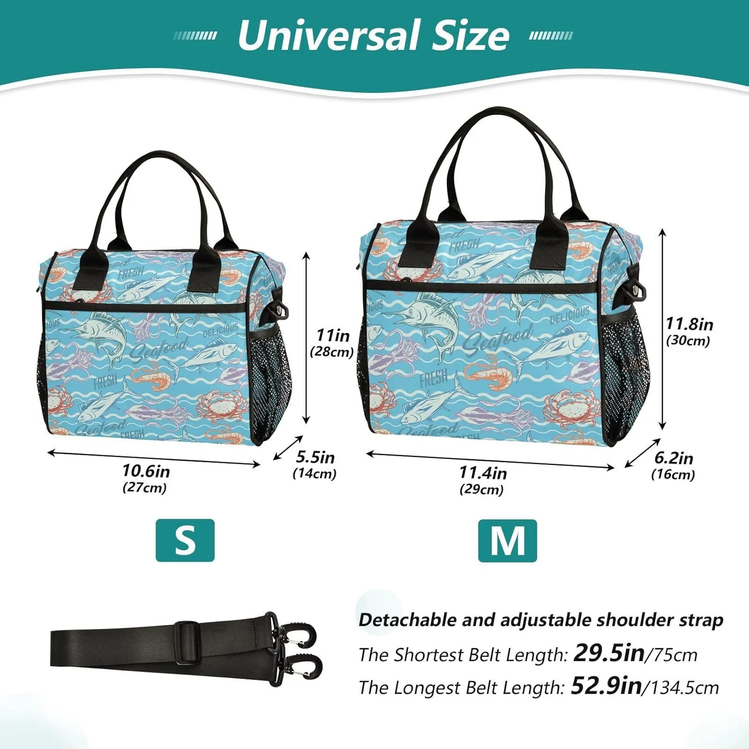 VIGTRO Tuna Fish Squid Shrimp Seafood Insulated Lunch Bag Leakproof Lunch Box for Women Men Reusable Lunch Tote Bag with Adjustable Shoulder Strap for Office Picnic Travel Size M