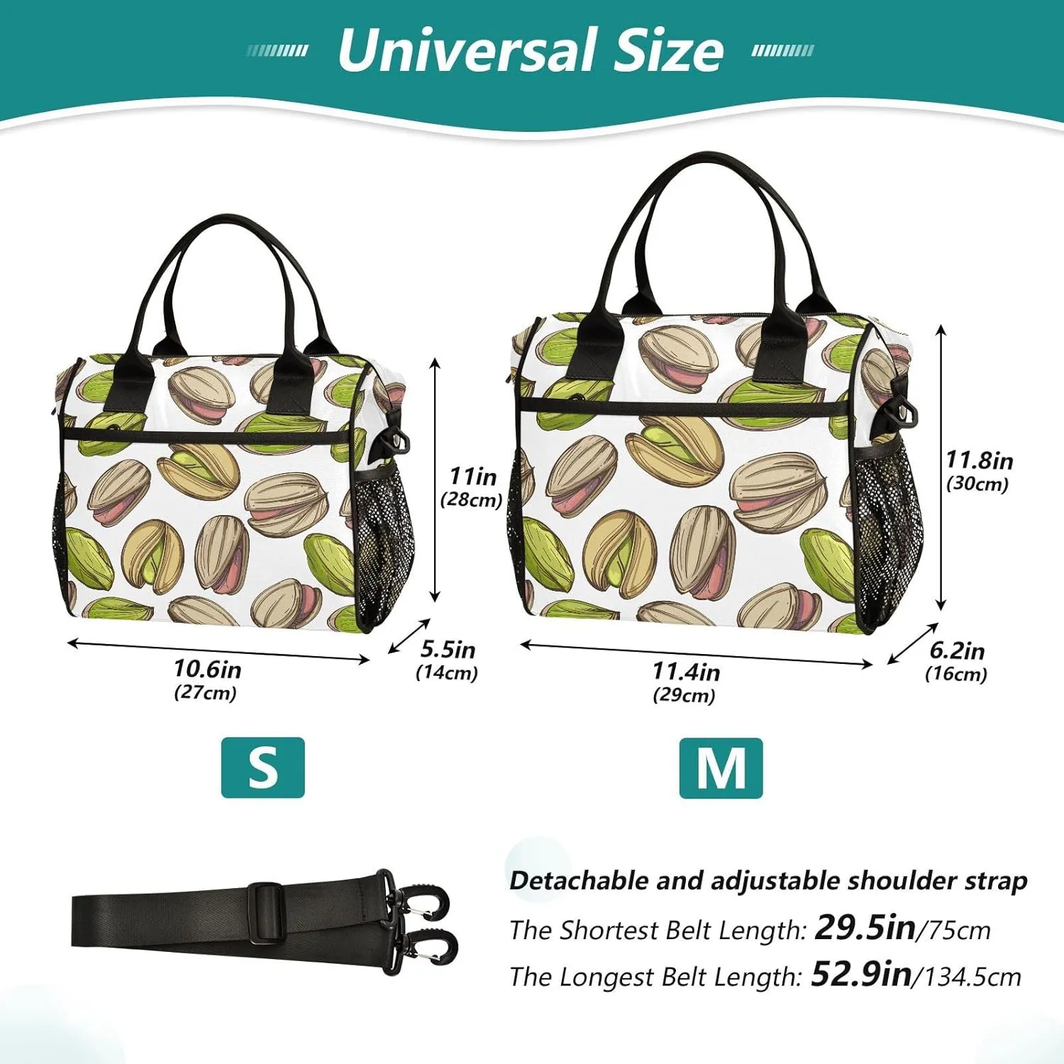VIGTRO Yummy Pistachios Nut Pattern Insulated Lunch Bag Leakproof Lunch Box for Women Men Reusable Lunch Tote Bag with Adjustable Shoulder Strap for Office Picnic Travel Size M