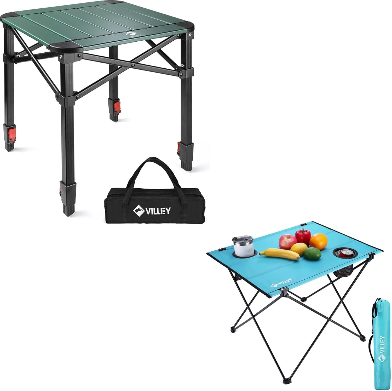 VILLEY Folding Camping Square Table with Carry Bag Folding Camping Table with 2 Cup Holders & Carry Bag
