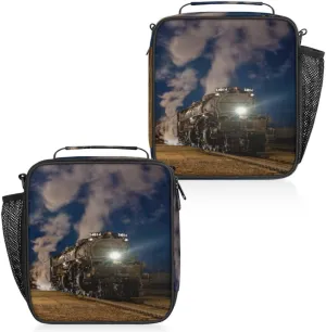 Vintage Locomotive Insulated Lunch Bag Reusable Waterproofing Lunch Box with Shoulder Strap Handle and Water Bottle Net Bag for Travel Camping Beach Picnic