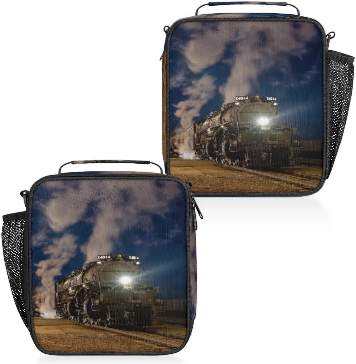 Vintage Locomotive Insulated Lunch Bag Reusable Waterproofing Lunch Box with Shoulder Strap Handle and Water Bottle Net Bag for Travel Camping Beach Picnic