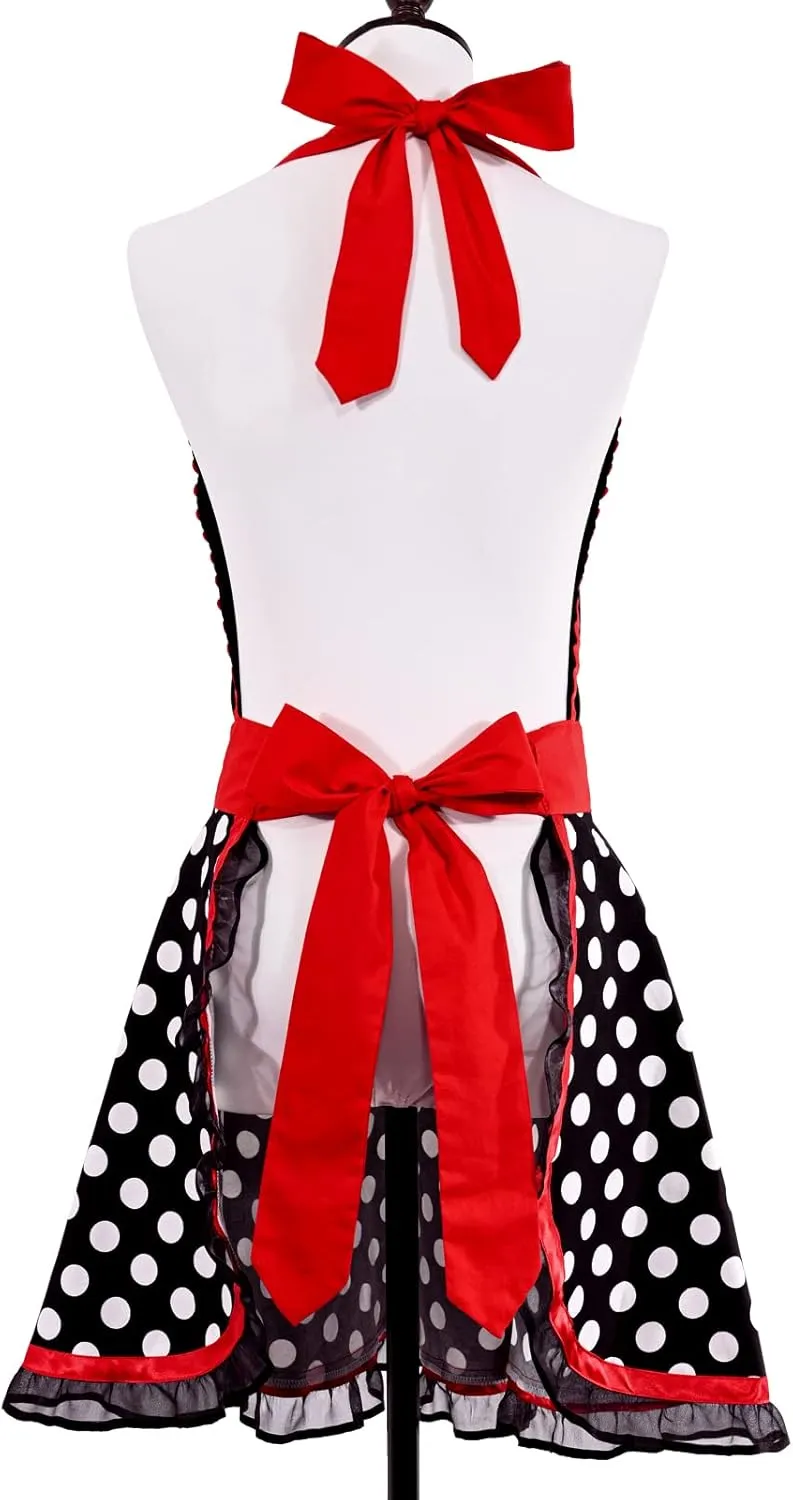 Violet Mist Cute Sweetheart Vintage Apron for Women Girls Polka Dot Retro Stylish Apron Sexy Black Dress 50s Apron Lace Ruffle Adjustable Neck Strap Flirty Apron Halloween Christmas Mothers Gifts