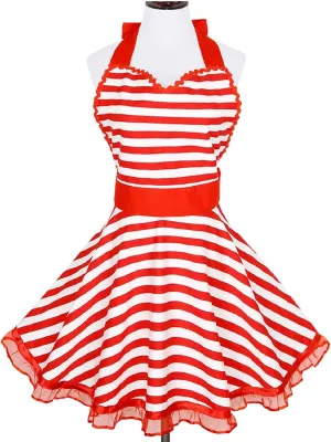 Violet Mist Lovely Sweetheart Aprons for Women Girls - Retro Cute Vintage Striped Cooking Dress - Flirty Apron for Valentine, Christmas & Mothers Gifts, Red