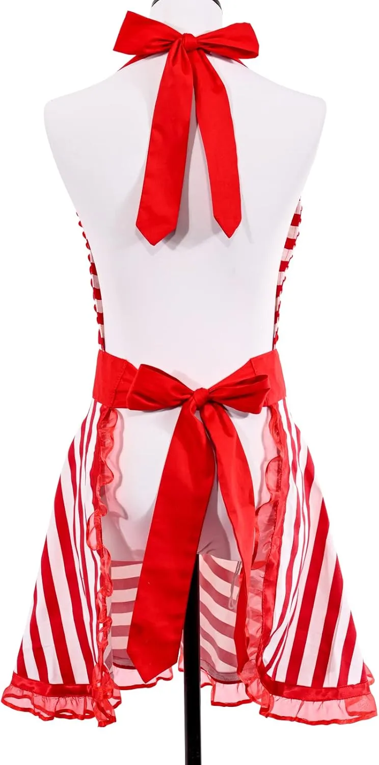 Violet Mist Lovely Sweetheart Aprons for Women Girls - Retro Cute Vintage Striped Cooking Dress - Flirty Apron for Valentine, Christmas & Mothers Gifts, Red