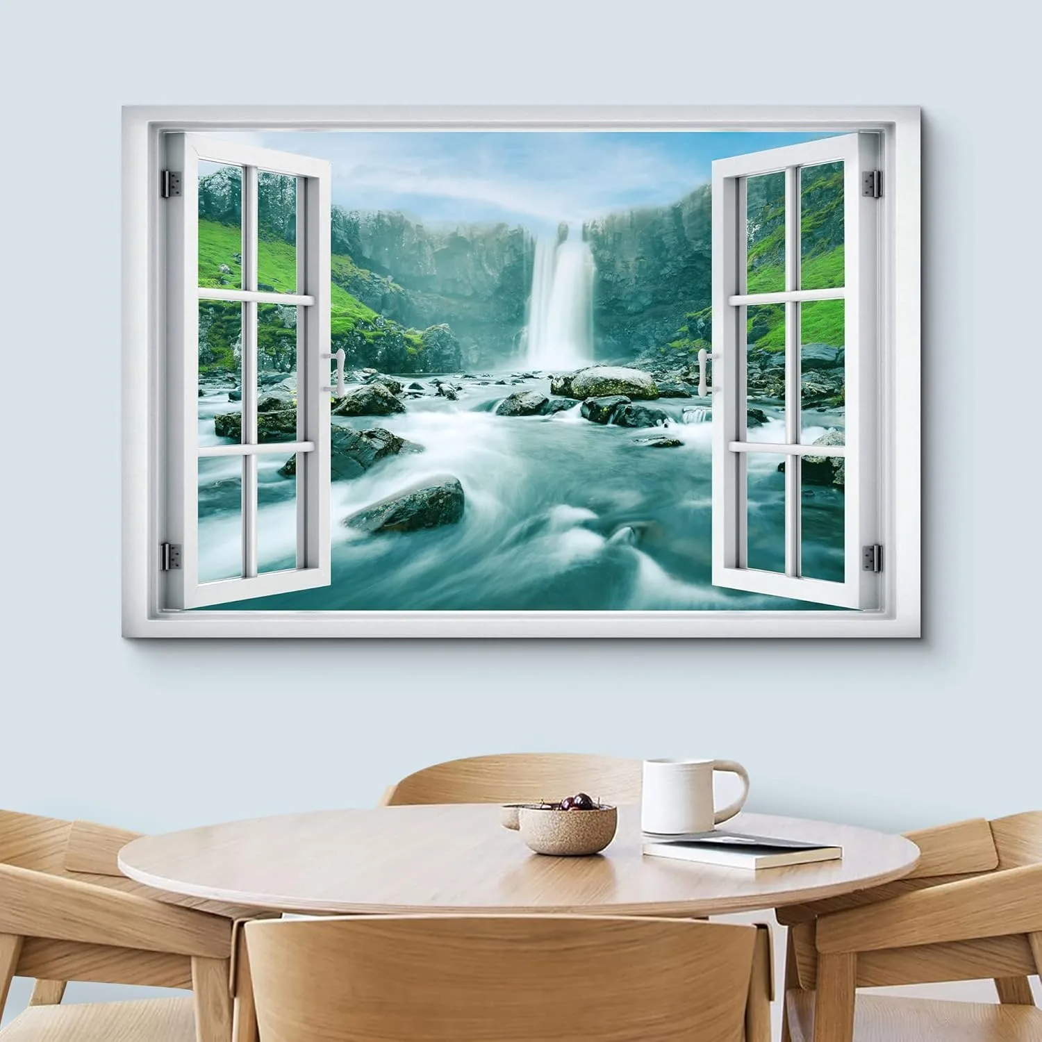wall26 Canvas Print Wall Art Window View Icelandic Waterfall Forest Rapid River Wilderness Nature Photography Realism Scenic Landscape Colorful Multicolor for Living Room, Bedroom, Office - 24"x36"