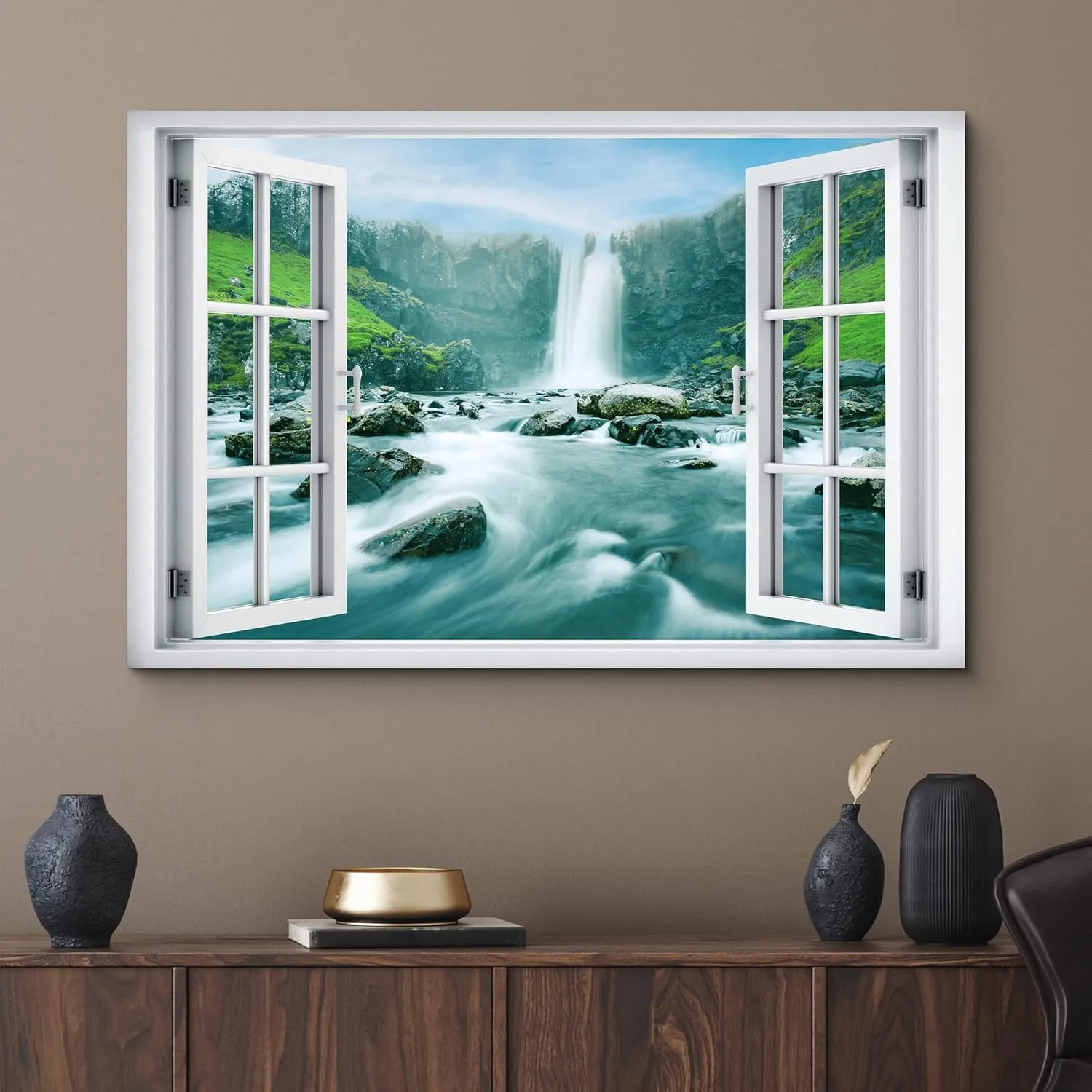 wall26 Canvas Print Wall Art Window View Icelandic Waterfall Forest Rapid River Wilderness Nature Photography Realism Scenic Landscape Colorful Multicolor for Living Room, Bedroom, Office - 24"x36"