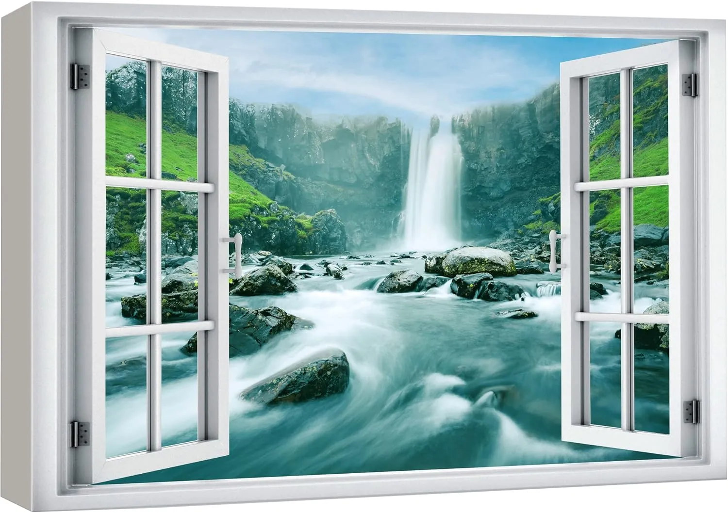 wall26 Canvas Print Wall Art Window View Icelandic Waterfall Forest Rapid River Wilderness Nature Photography Realism Scenic Landscape Colorful Multicolor for Living Room, Bedroom, Office - 24"x36"