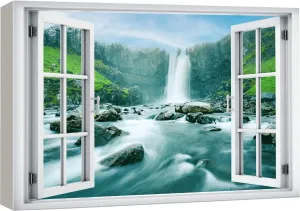 wall26 Canvas Print Wall Art Window View Icelandic Waterfall Forest Rapid River Wilderness Nature Photography Realism Scenic Landscape Colorful Multicolor for Living Room, Bedroom, Office - 24"x36"