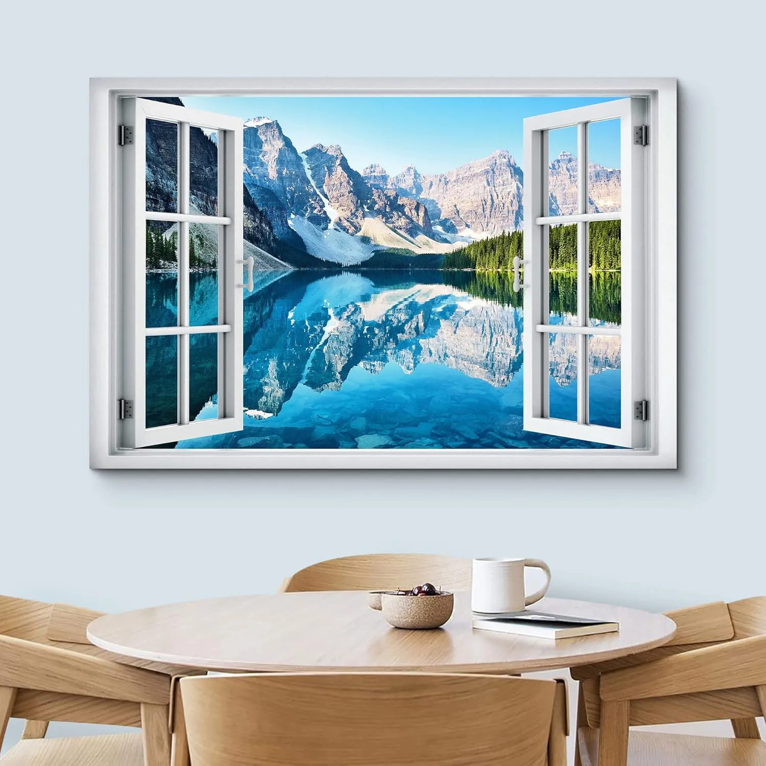 wall26 Canvas Print Wall Art Window View Rocky Mountain Forest Lake Reflection Wilderness Nature Photography Realism Scenic Landscape Colorful Multicolor for Living Room, Bedroom, Office - 24"x36"
