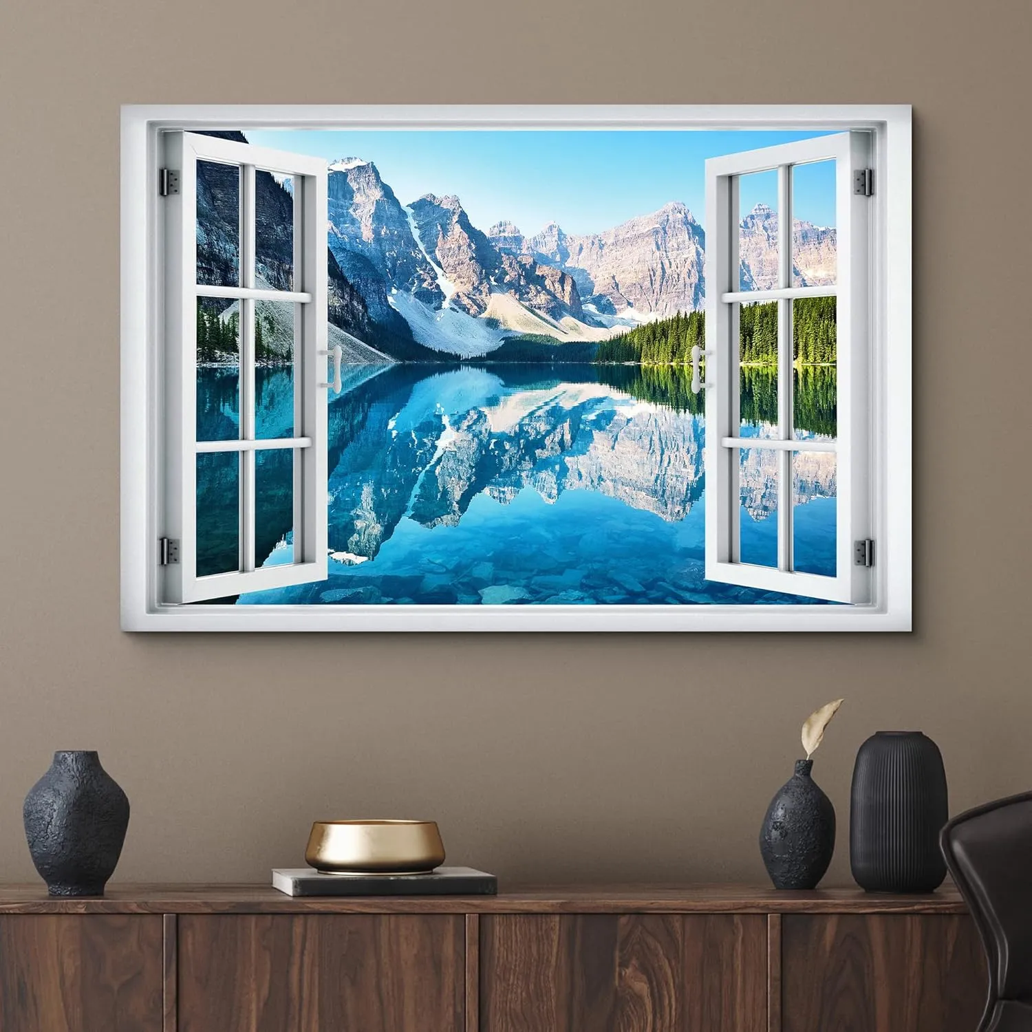 wall26 Canvas Print Wall Art Window View Rocky Mountain Forest Lake Reflection Wilderness Nature Photography Realism Scenic Landscape Colorful Multicolor for Living Room, Bedroom, Office - 24"x36"
