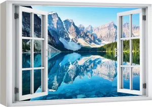wall26 Canvas Print Wall Art Window View Rocky Mountain Forest Lake Reflection Wilderness Nature Photography Realism Scenic Landscape Colorful Multicolor for Living Room, Bedroom, Office - 24"x36"