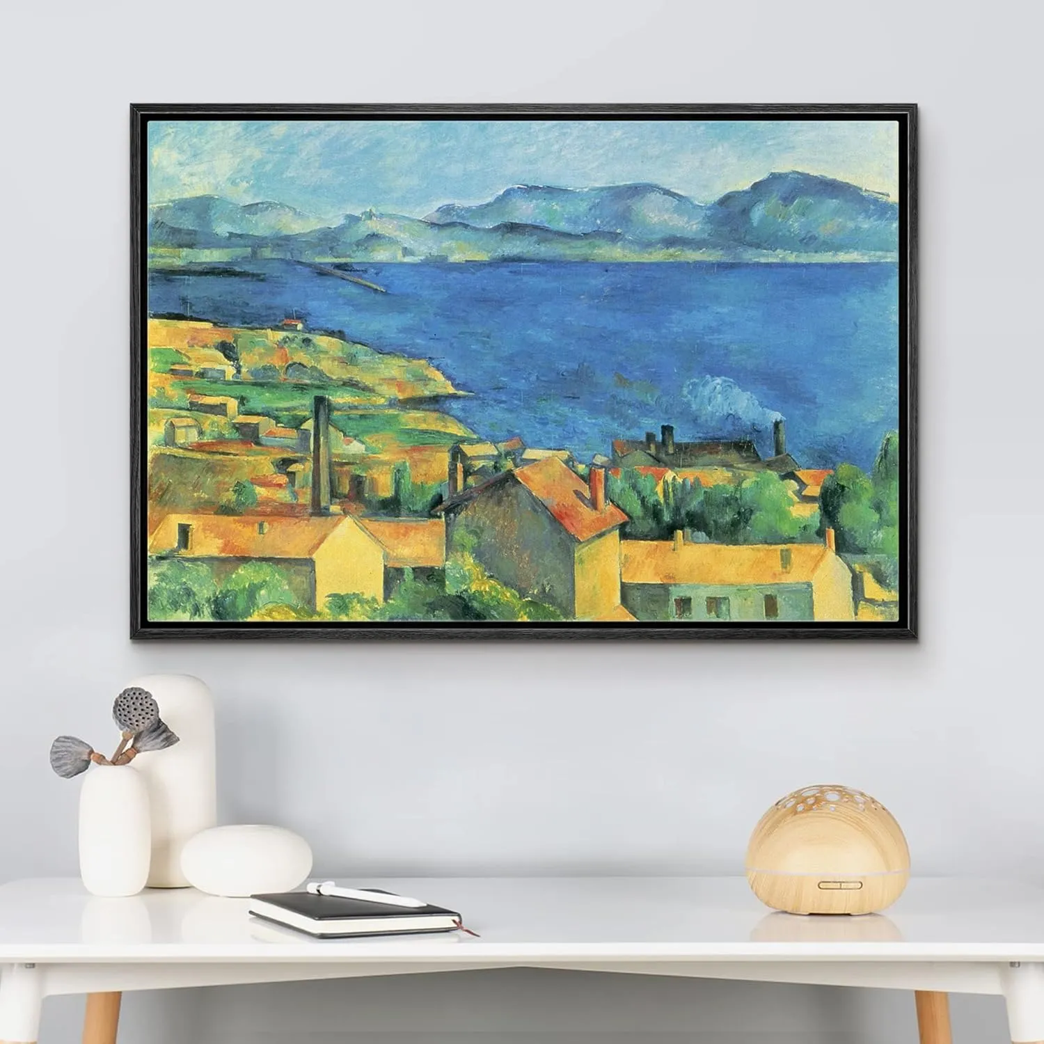 wall26 - Framed Canvas Bay of Marseille, View from L'Estaque by Paul Cezanne - Canvas Print Wall Art Famous Painting Reproduction - 24"x36" Black