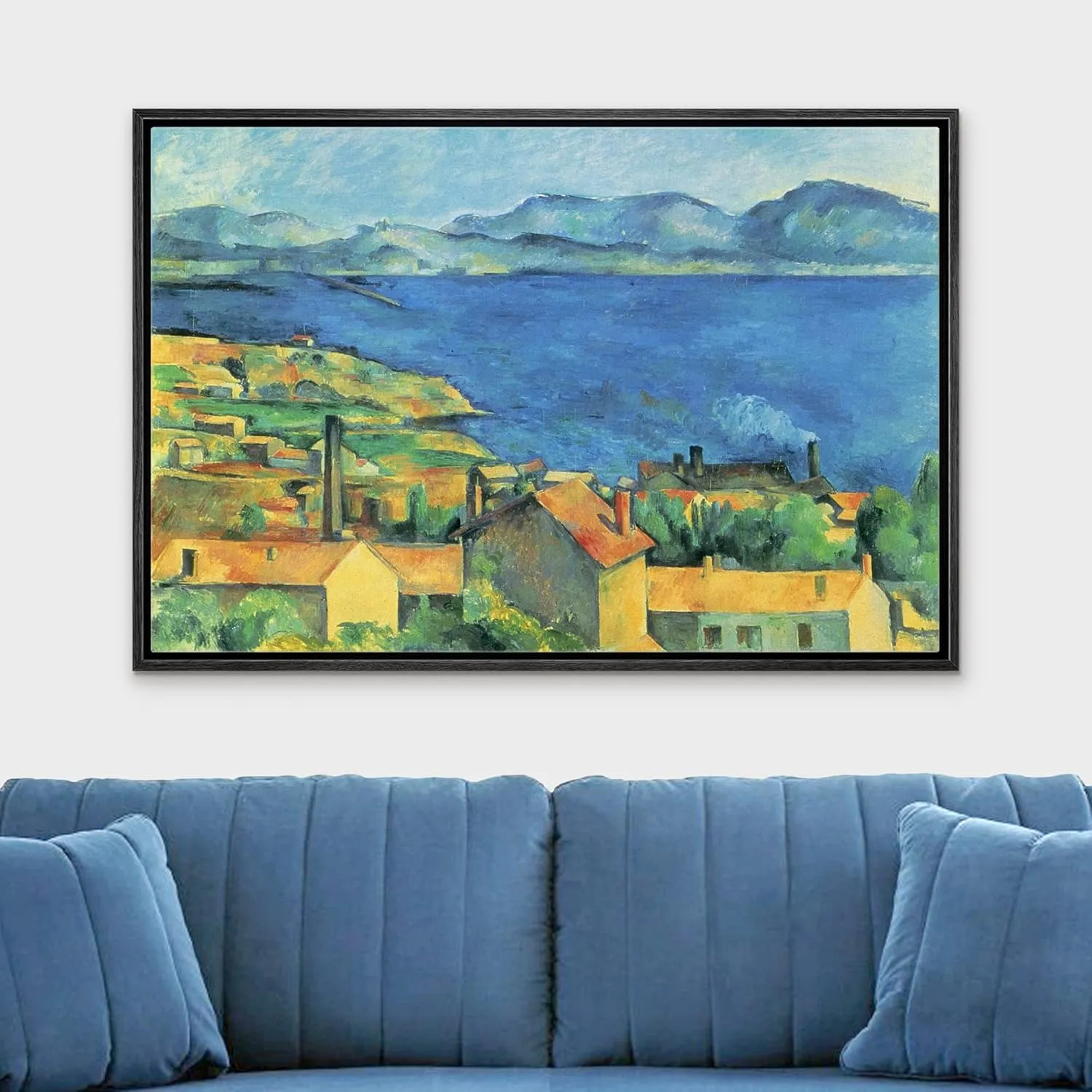 wall26 - Framed Canvas Bay of Marseille, View from L'Estaque by Paul Cezanne - Canvas Print Wall Art Famous Painting Reproduction - 24"x36" Black