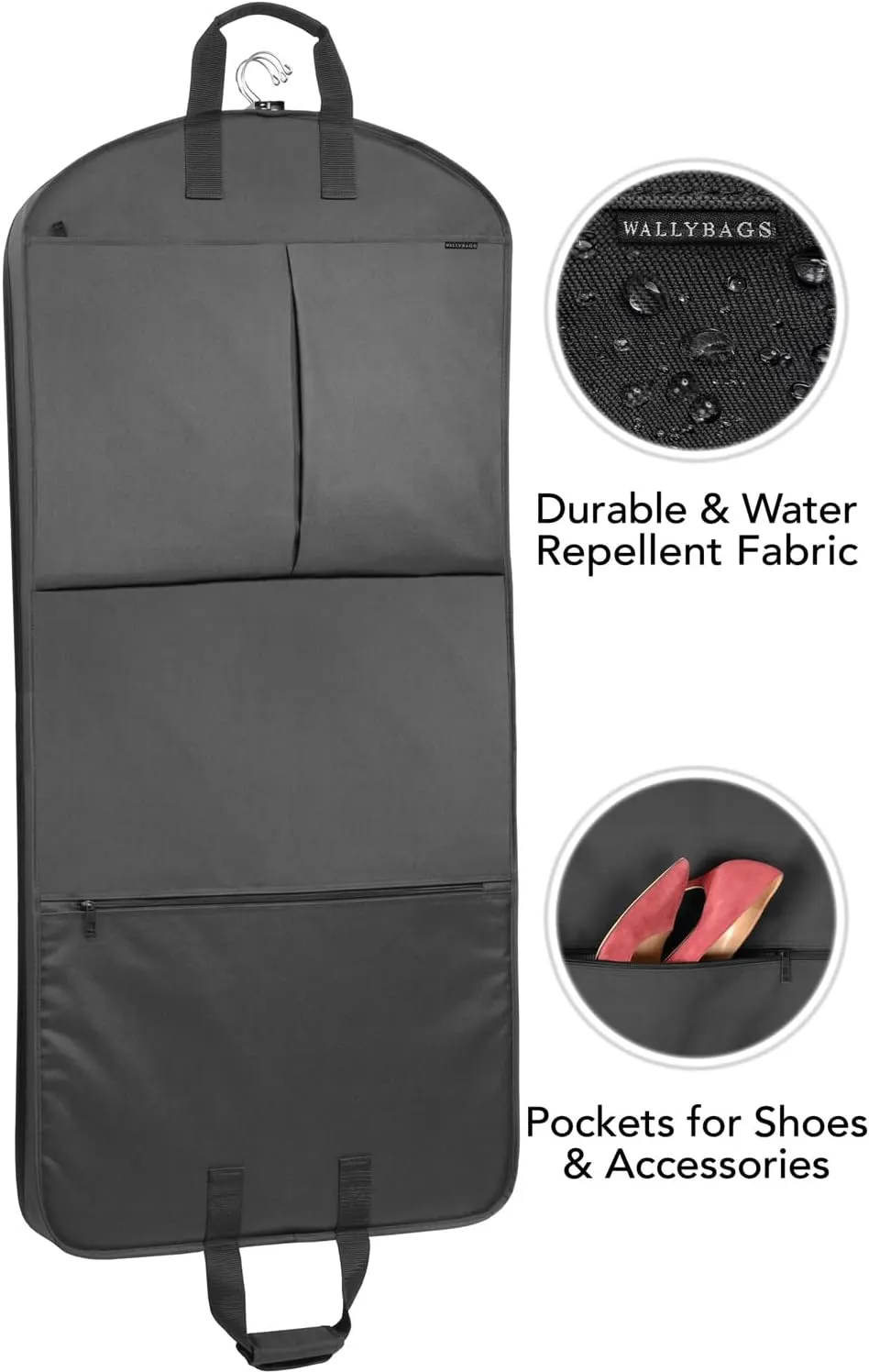 WallyBags® 52” Deluxe Travel Carry-On Garment Bag with Two Pockets, Perfect for Dresses, Suits, Men and Women, Black