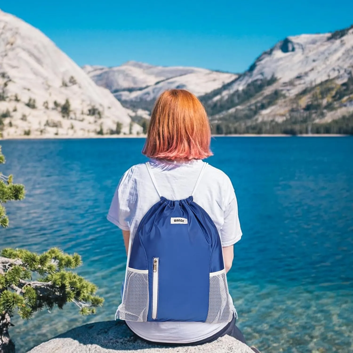 WANDF Drawstring Backpack Sports Gym Sackpack with Mesh Pockets Water Resistant String Bag for Women Men (Navy Blue)