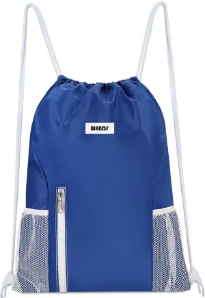 WANDF Drawstring Backpack Sports Gym Sackpack with Mesh Pockets Water Resistant String Bag for Women Men (Navy Blue)