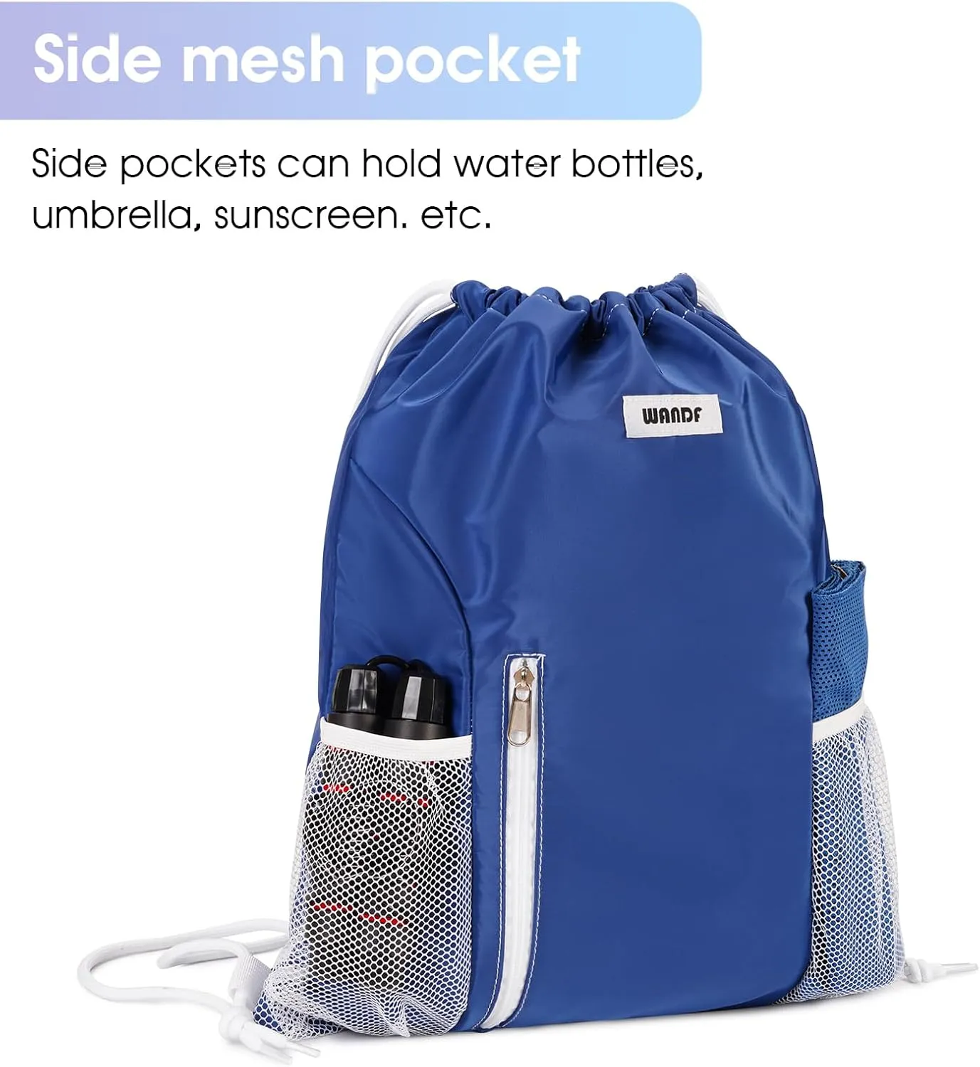 WANDF Drawstring Backpack Sports Gym Sackpack with Mesh Pockets Water Resistant String Bag for Women Men (Navy Blue)