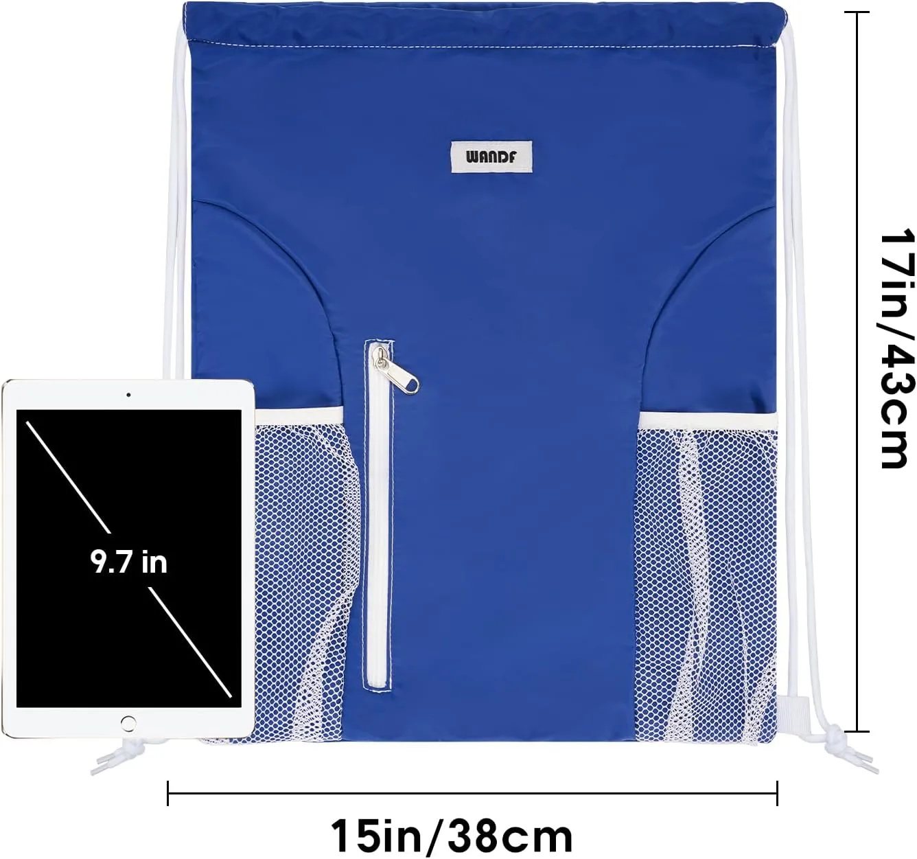 WANDF Drawstring Backpack Sports Gym Sackpack with Mesh Pockets Water Resistant String Bag for Women Men (Navy Blue)