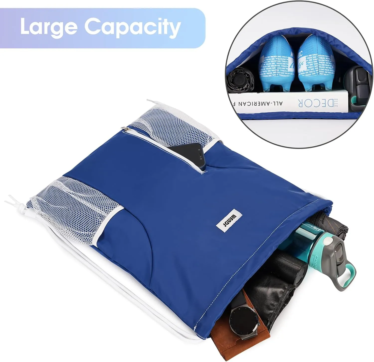 WANDF Drawstring Backpack Sports Gym Sackpack with Mesh Pockets Water Resistant String Bag for Women Men (Navy Blue)