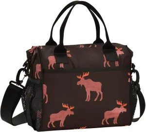 Watercolor Moose Elk Pattern Lunch Bag Reusable Lunch Box for Office Picnic Hiking Beach, Insulated Cooler Tote Food Container with Adjustable Shoulder Strap for Men Women Adults