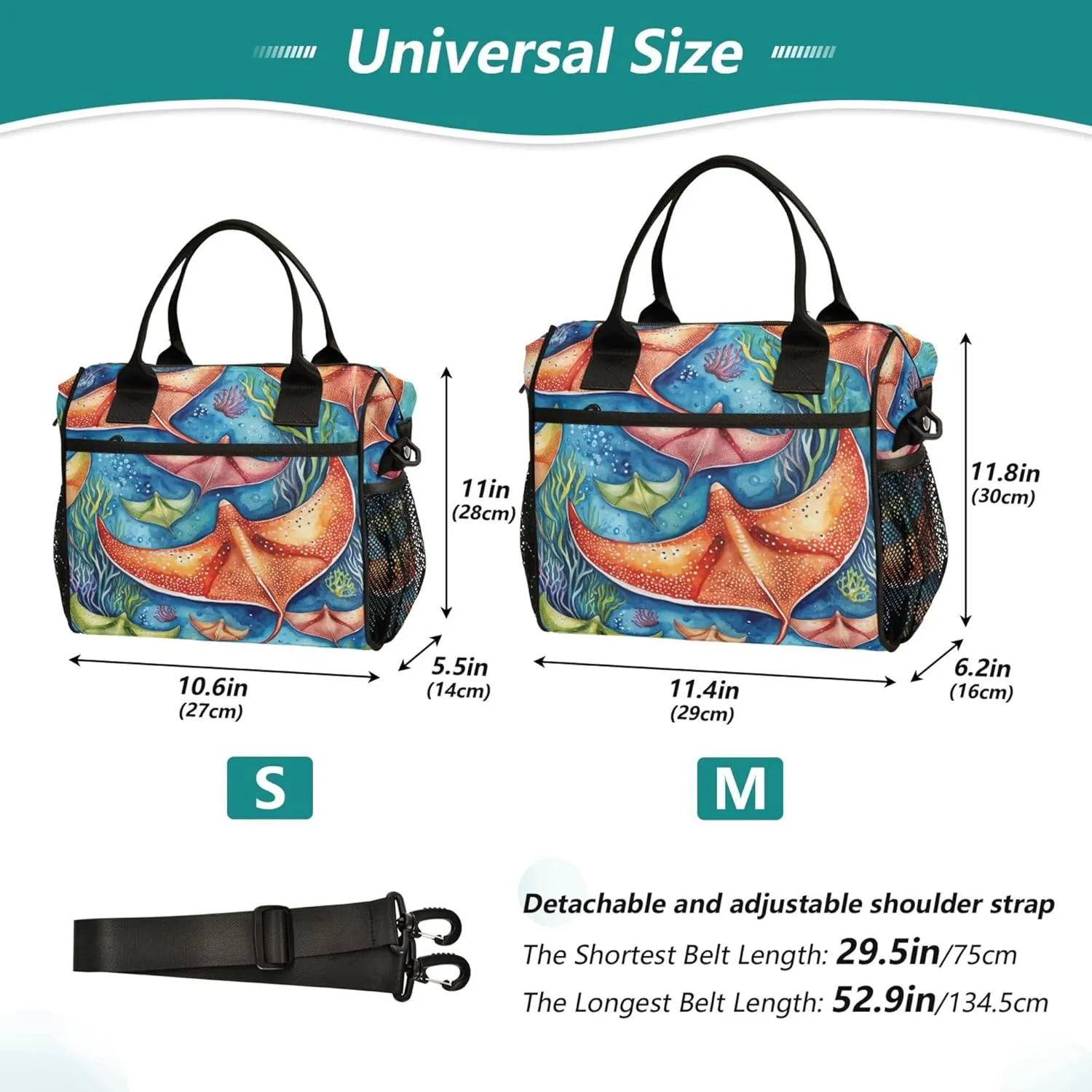 Watercolor Stingray Fish and Coral Large Lunch Tote Bag Insulated Lunch Boxes with Adjustable Shoulder Strap