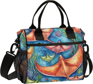 Watercolor Stingray Fish and Coral Large Lunch Tote Bag Insulated Lunch Boxes with Adjustable Shoulder Strap