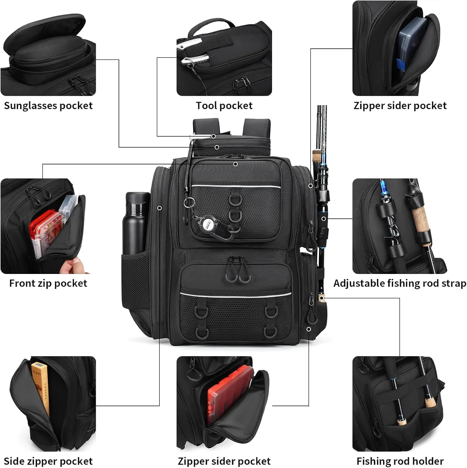 Waterproof Fishing Bag with Rod Holder,A Movable Partition and An Insulated Liner, It Is also A Large Lightweight Hiking Backpack