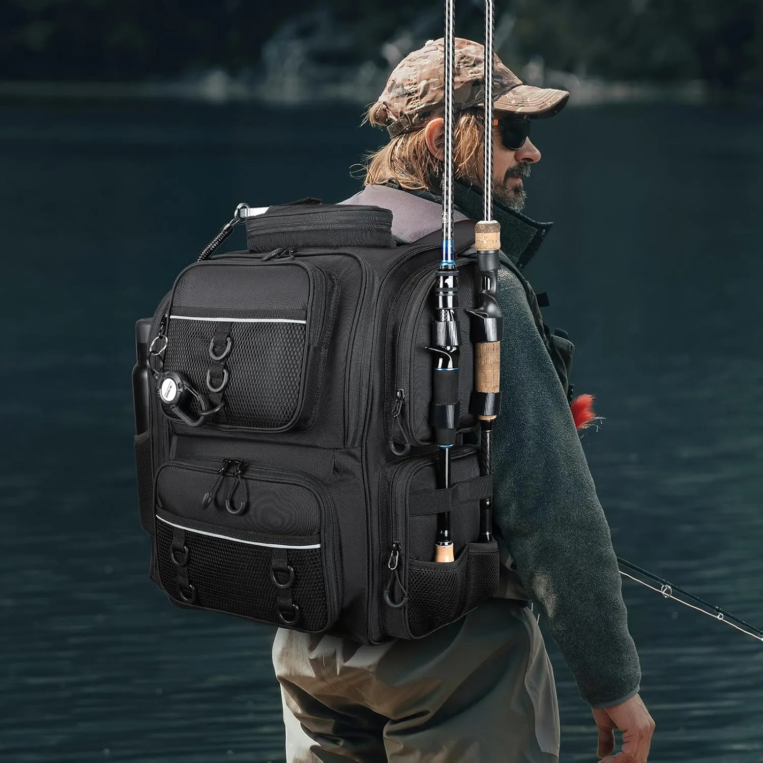 Waterproof Fishing Bag with Rod Holder,A Movable Partition and An Insulated Liner, It Is also A Large Lightweight Hiking Backpack