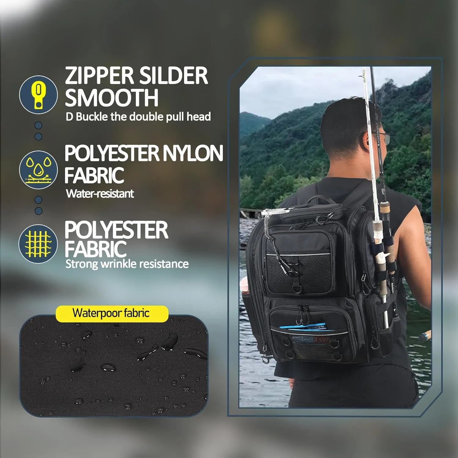 Waterproof Fishing Bag with Rod Holder,A Movable Partition and An Insulated Liner, It Is also A Large Lightweight Hiking Backpack