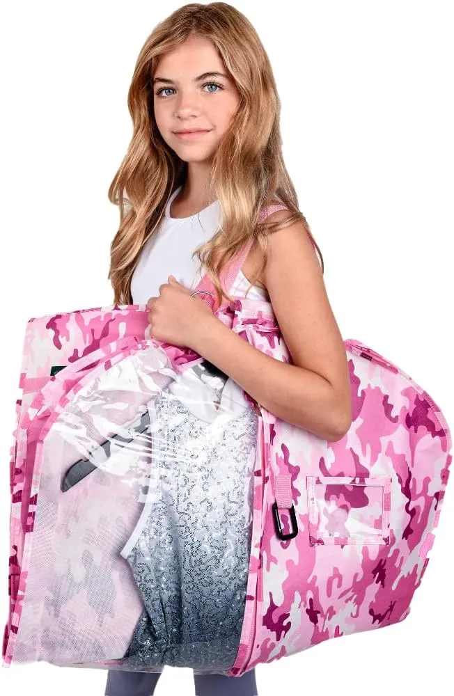 Waterproof Hanging Garment Bag 40 inch Clothes Bag with Gusset, 5 Pockets & Side Zip for Dance Costumes, Cheer, Skating, Theatre, Beauty Pageants & More by Kendall Country, Camo Pink