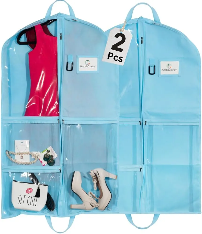 Waterproof Hanging Garment Bag 40 inch Clothes Bag with Gusset, 5 Pockets & Side Zip for Dance Costumes, Sports, Skating, Theatre, Beauty Pageants & More by Kendall Country, Sky Blue