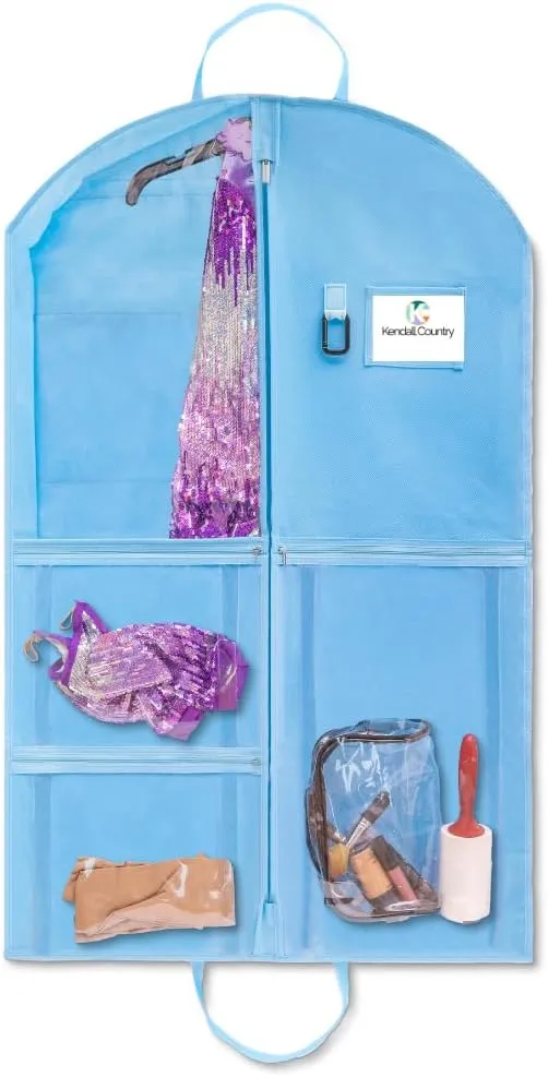 Waterproof Hanging Garment Bag 40 inch Clothes Bag with Gusset, 5 Pockets & Side Zip for Dance Costumes, Sports, Skating, Theatre, Beauty Pageants & More by Kendall Country, Sky Blue