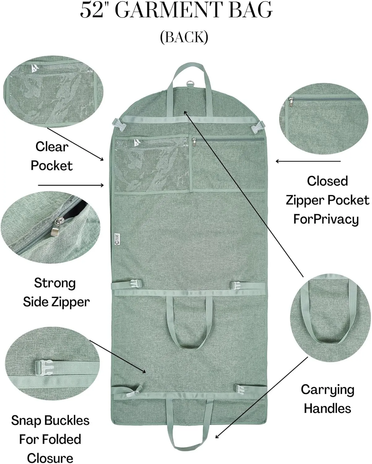 Waterproof Hanging Garment Bag 52 inch Deluxe Clothes Bag with Gusset, 4 Pockets & Side Zip for Dance Costumes, Sports, Skating, Theatre, Beauty Pageants & More by Kendall Country (Moss)