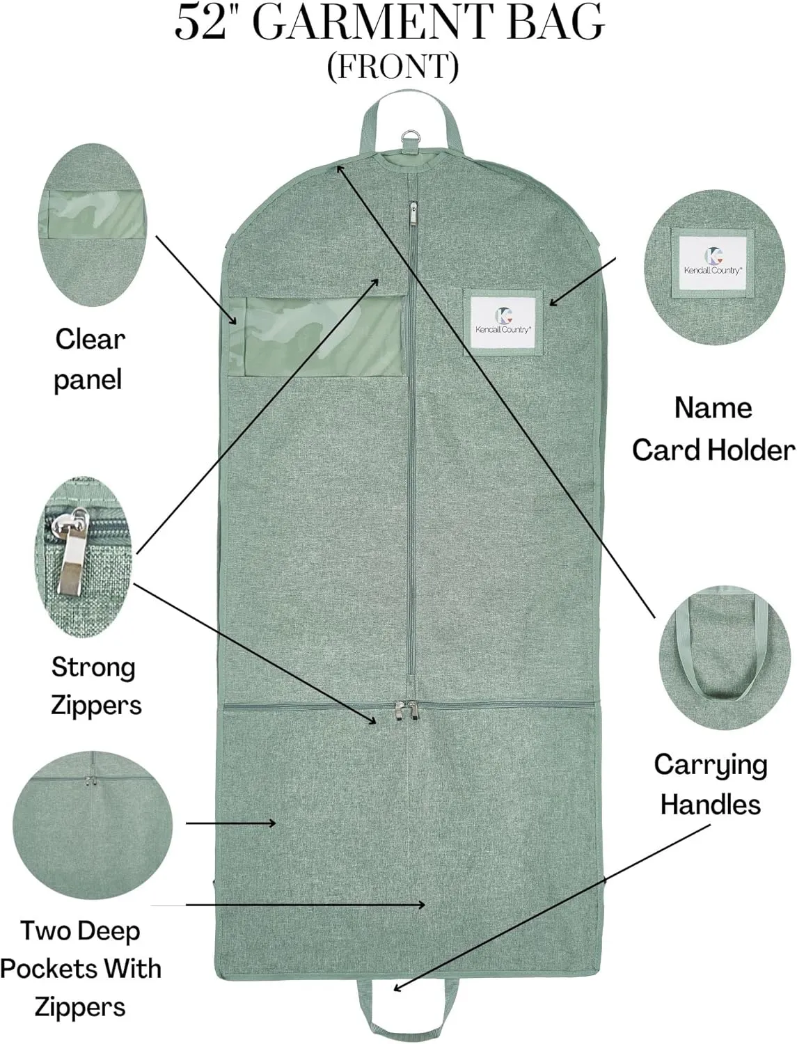 Waterproof Hanging Garment Bag 52 inch Deluxe Clothes Bag with Gusset, 4 Pockets & Side Zip for Dance Costumes, Sports, Skating, Theatre, Beauty Pageants & More by Kendall Country (Moss)