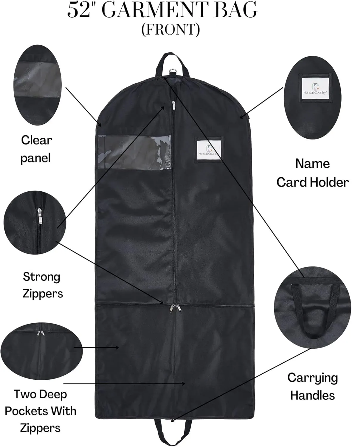 Waterproof Hanging Garment Bag 52 inch Deluxe Clothes Bag with Gusset, 4 Pockets & Side Zip for Dance Costumes, Sports, Skating, Theatre, Beauty Pageants & More by Kendall Country (Raven)
