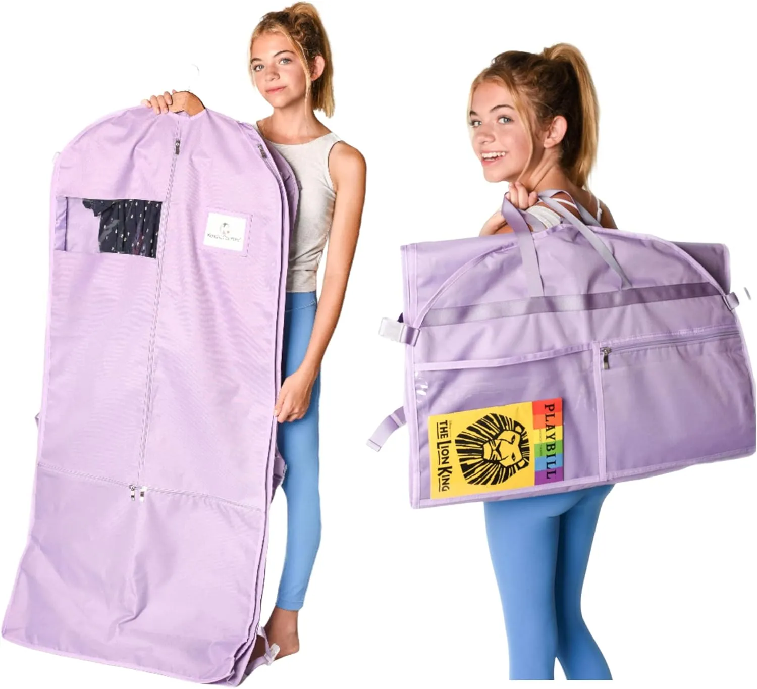 Waterproof Hanging Garment Bag with Accessory Pouch - 52 inch Deluxe Clothes Bag with Gusset, 4 Pockets & Side Zip for Dance Costumes, Sports, Skating, Theatre, Beauty Pageants & More (Lilac )