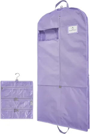 Waterproof Hanging Garment Bag with Accessory Pouch - 52 inch Deluxe Clothes Bag with Gusset, 4 Pockets & Side Zip for Dance Costumes, Sports, Skating, Theatre, Beauty Pageants & More (Lilac )