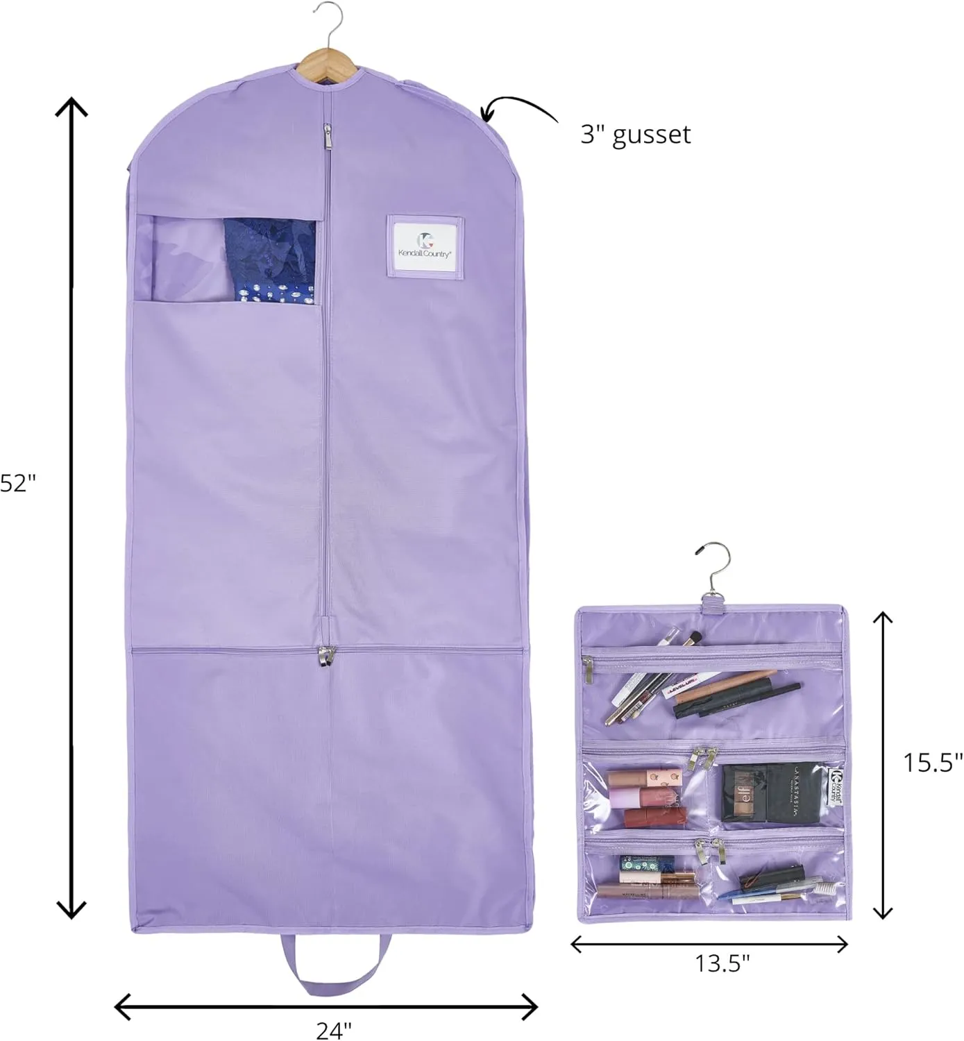 Waterproof Hanging Garment Bag with Accessory Pouch - 52 inch Deluxe Clothes Bag with Gusset, 4 Pockets & Side Zip for Dance Costumes, Sports, Skating, Theatre, Beauty Pageants & More (Lilac )