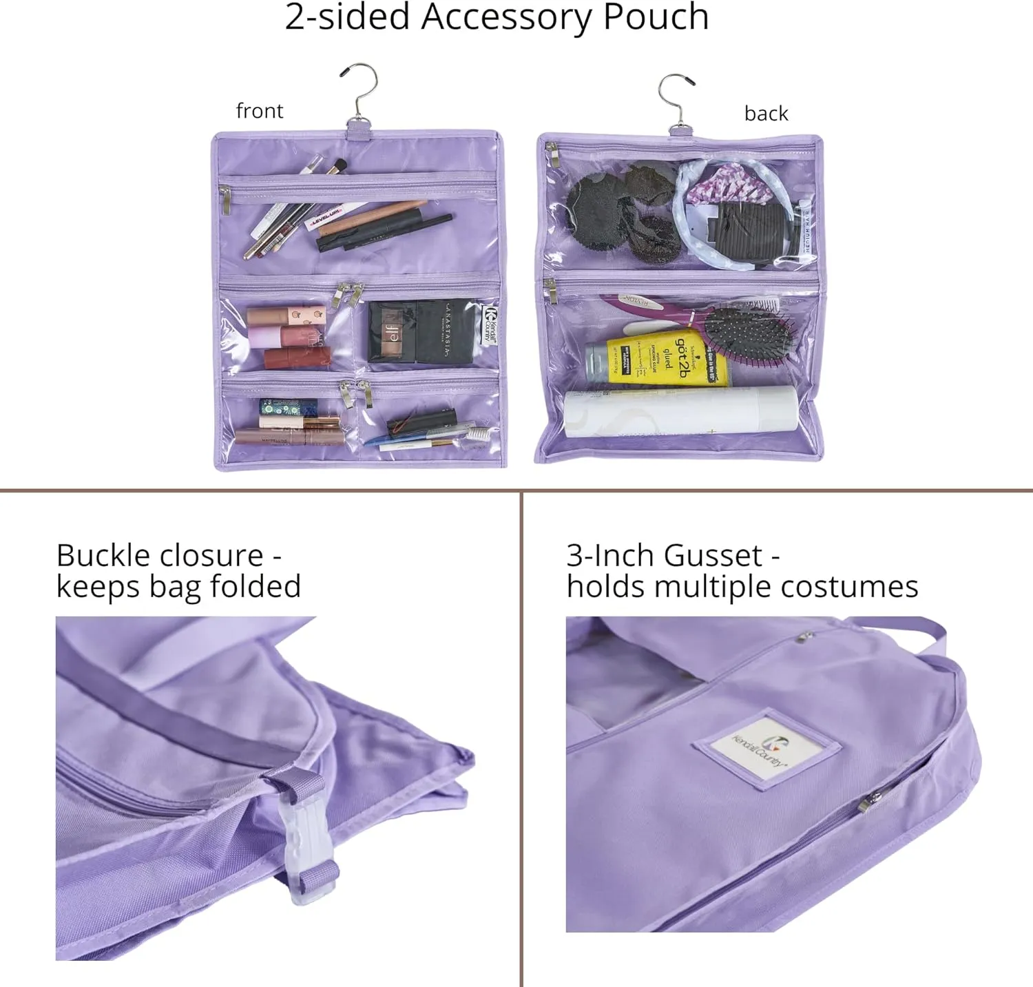 Waterproof Hanging Garment Bag with Accessory Pouch - 52 inch Deluxe Clothes Bag with Gusset, 4 Pockets & Side Zip for Dance Costumes, Sports, Skating, Theatre, Beauty Pageants & More (Lilac )