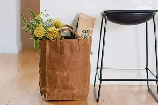 Waxed Canvas Reusable Grocery Bag, Heavy Duty Waxed Shopping Bag, Eco-friendly, Self-Standing Vegan Farmers Market Bag, Tall